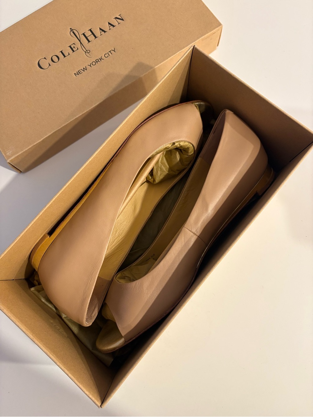 Cole Haan Astoria Nude Peep Toe Flats with Gold Heel